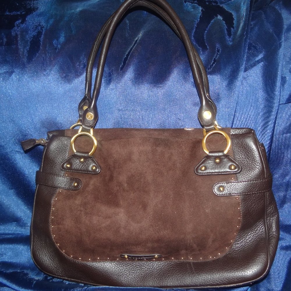 Dark Brown Leather Cole Haan Gold Studded Purse with Mint Green Lining